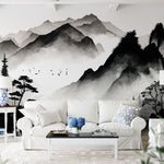 Papier peint panoramique montagne brume illustré, dans une chambre adulte