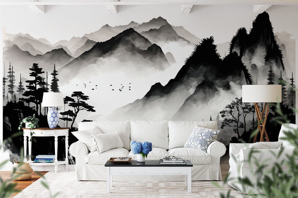 Papier peint panoramique montagne brume illustré, dans une chambre adulte
