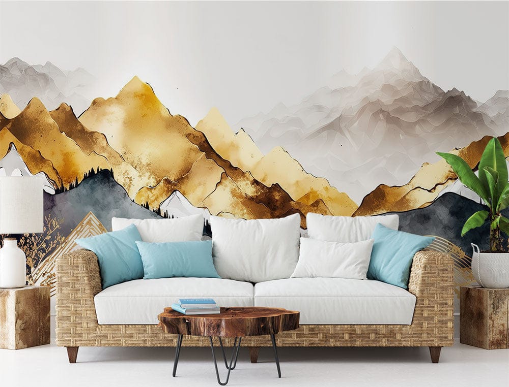 Deuxième vue du papier peint montagne dorée dans une chambre adulte