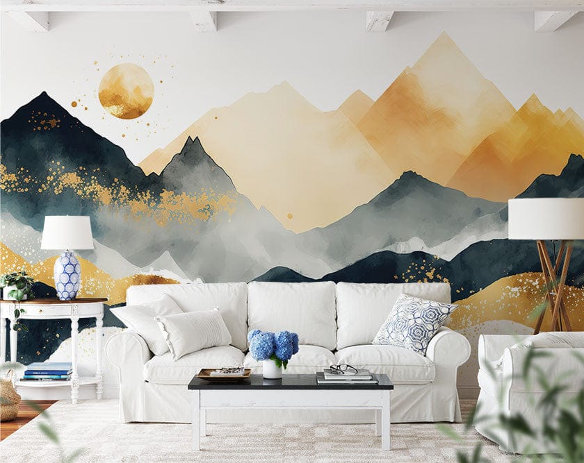 Papier peint panoramique montagne dorée japonaise illustré, dans une chambre adulte