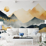 Papier peint panoramique montagne dorée japonaise illustré, dans une chambre adulte