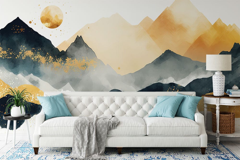 Deuxième vue du papier peint montagne dorée japonaise dans une chambre adulte