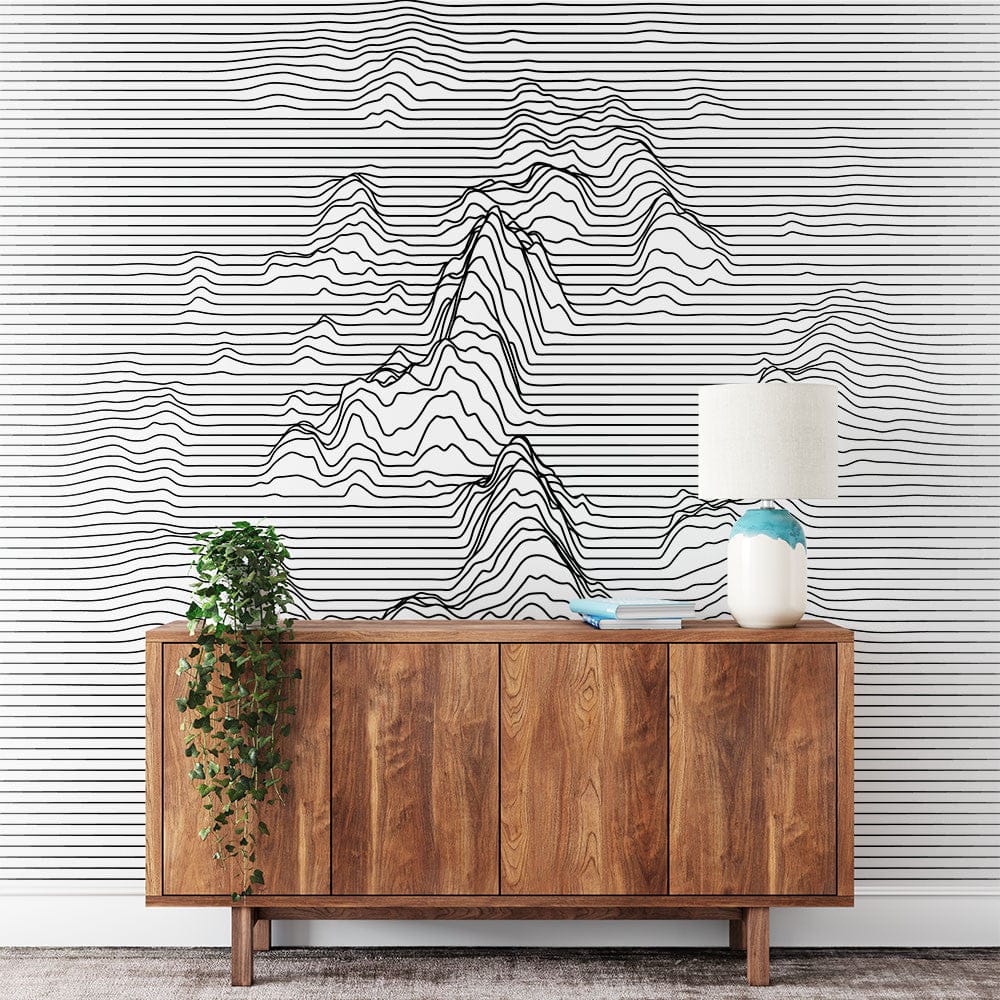 Papier peint panoramique montagne minimaliste illustré, dans une chambre adulte