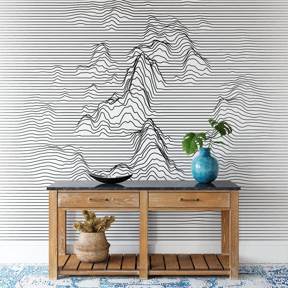 Deuxième vue du papier peint montagne minimaliste dans une chambre adulte