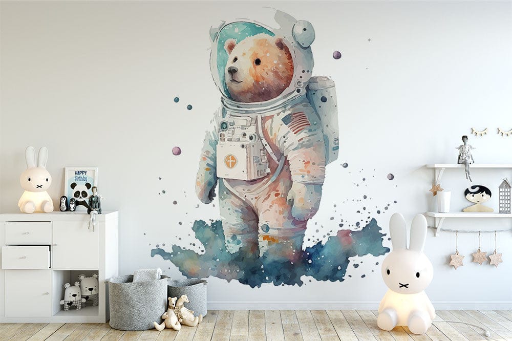 Papier peint panoramique ours astronaute illustré, dans une chambre d'enfant