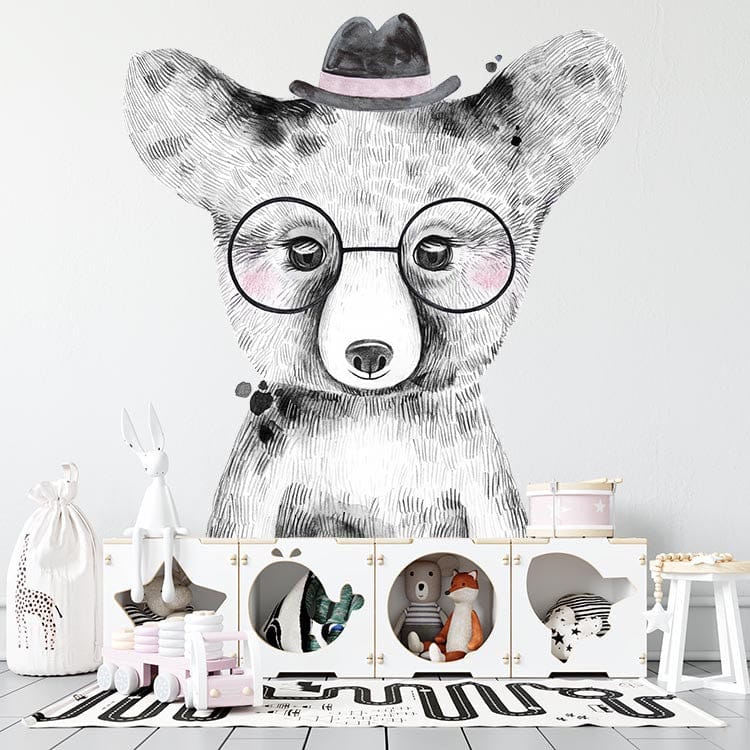 Papier peint panoramique ours illustré, dans une chambre d'enfant