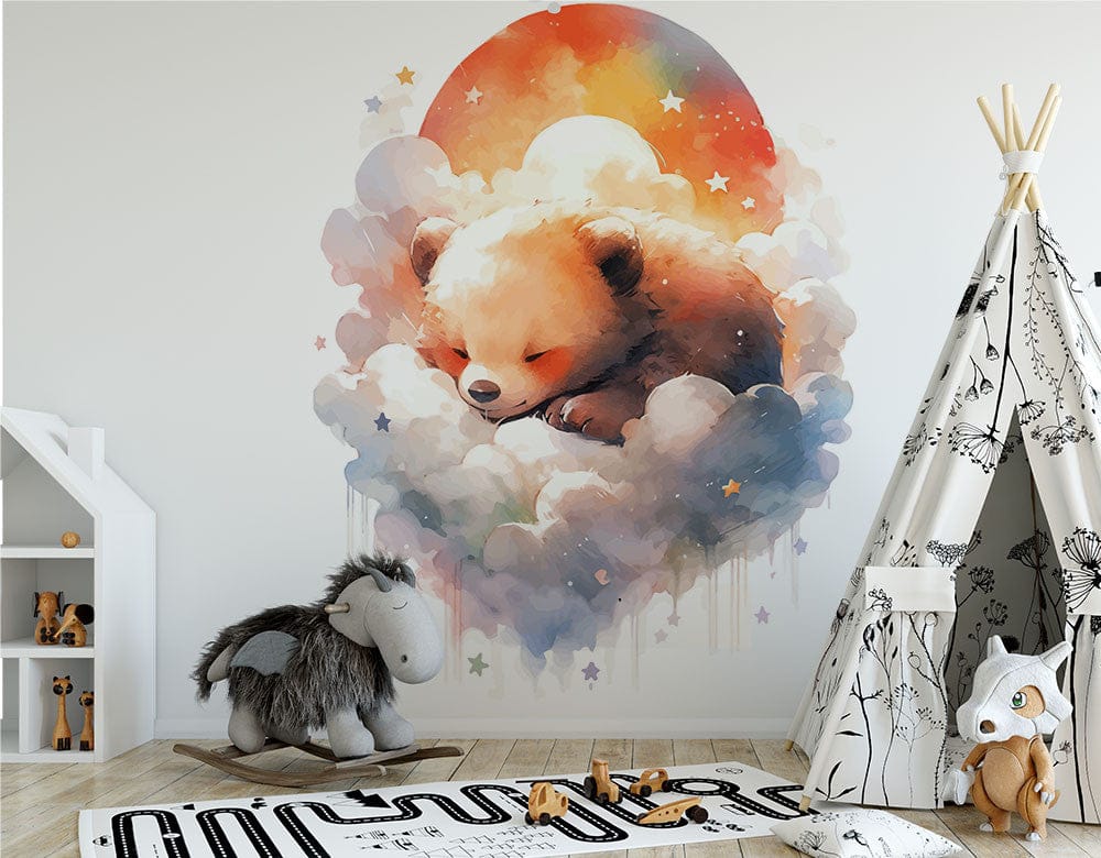 Papier peint panoramique ours dans les nuages illustré, dans une chambre de bébé