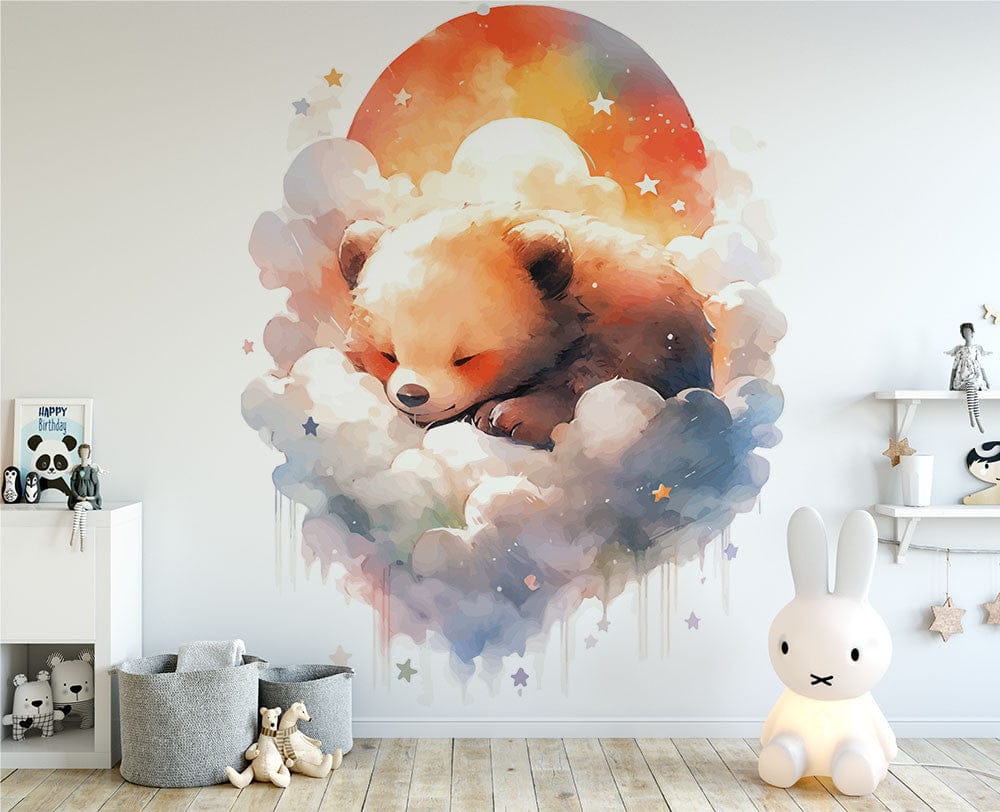 Deuxième vue du papier peint ours dans les nuages dans une chambre de bébé