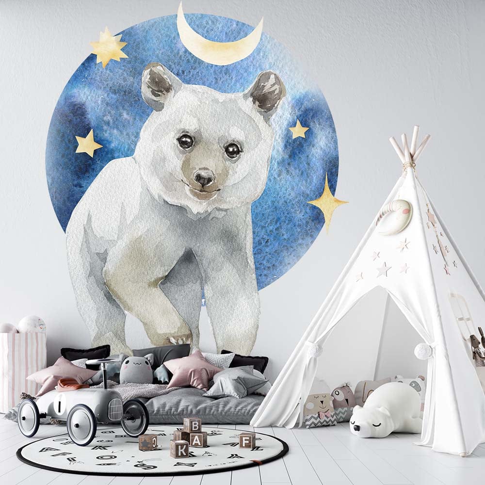 Papier peint panoramique ours lune illustré, dans une chambre d'enfant