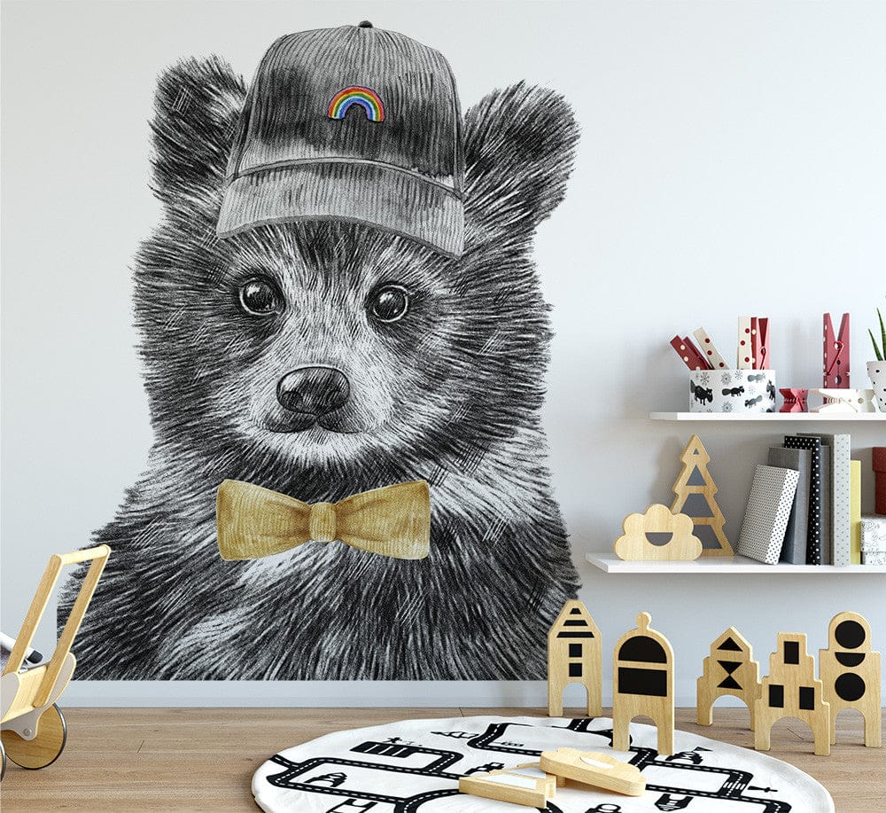 Papier peint panoramique ours mignon illustré, dans une chambre d'enfant
