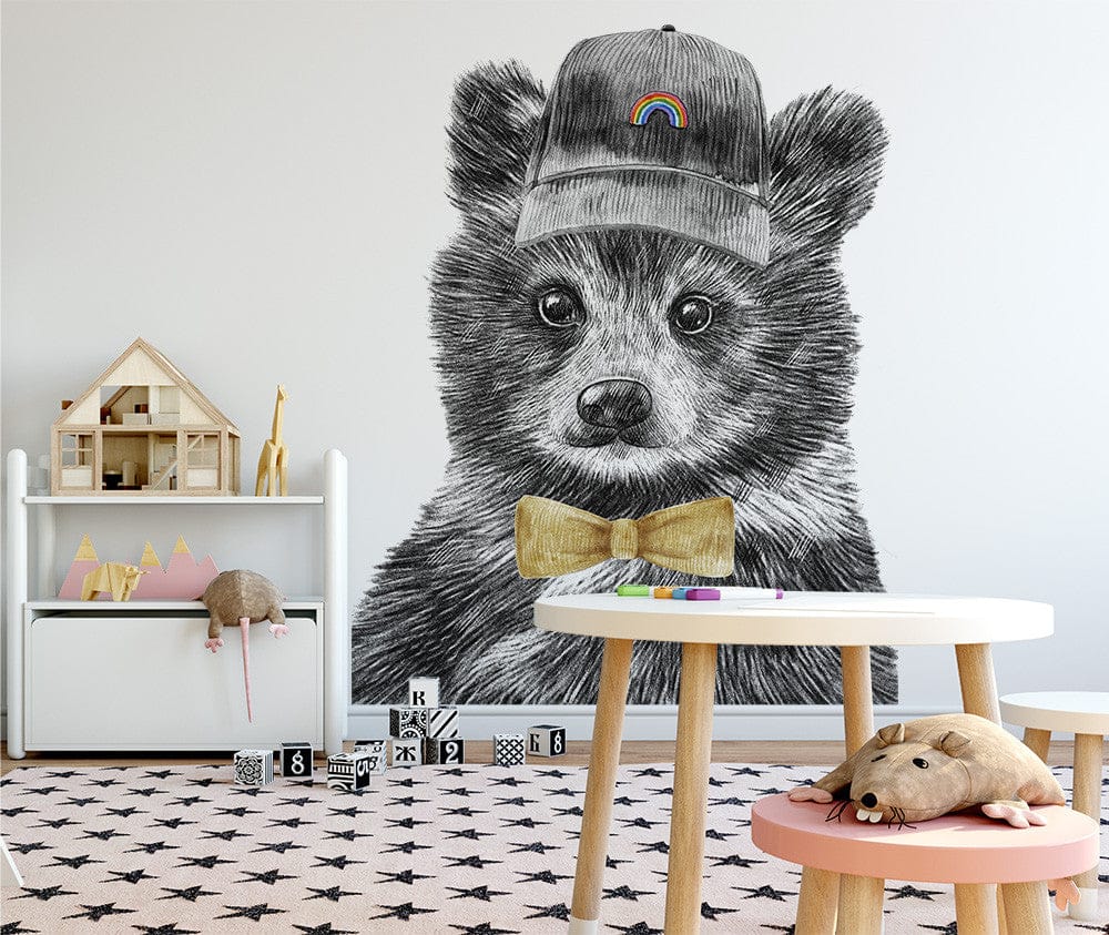 Deuxième vue du papier peint ours mignon dans une chambre d'enfant
