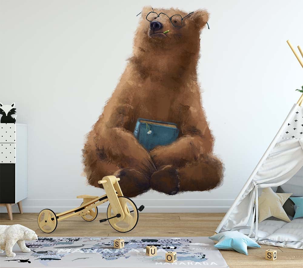 Papier peint panoramique ours papa méditation illustré, dans une chambre d'enfant