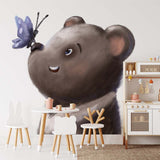 Papier peint panoramique ours papillon illustré, dans une chambre d'enfant