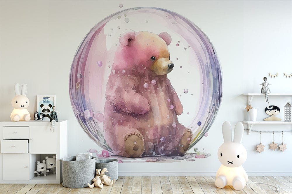 Papier peint panoramique ourson bulle illustré, dans une chambre d'enfant