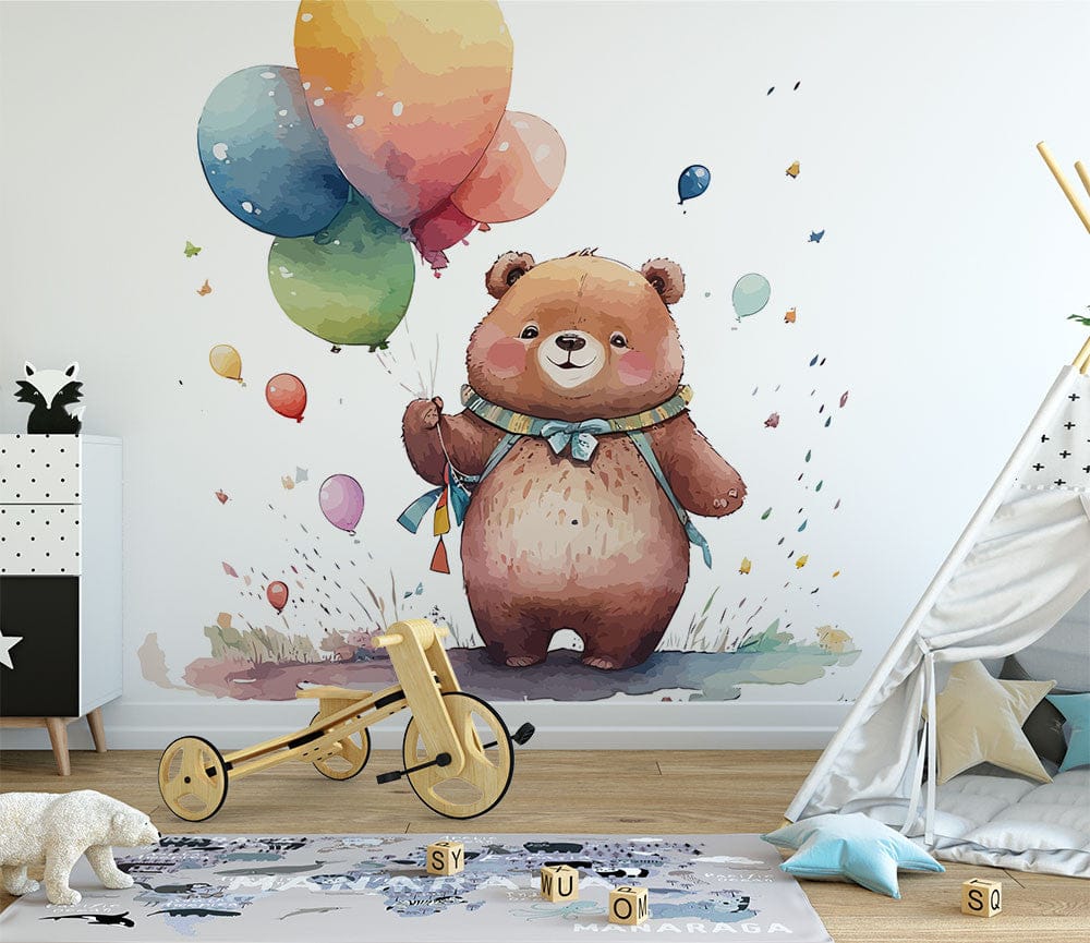 Papier peint panoramique ourson et ces ballons illustré, dans une chambre d'enfant