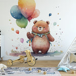 Papier peint panoramique ourson et ces ballons illustré, dans une chambre d'enfant