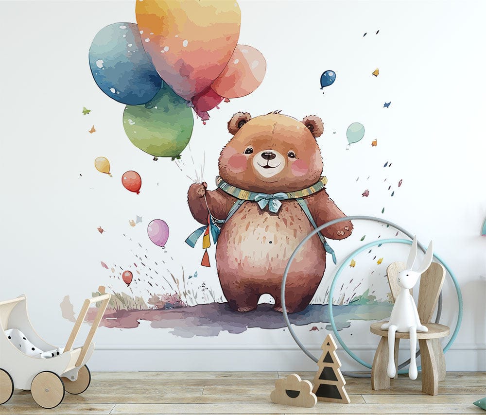 Deuxième vue du papier peint ourson et ces ballons dans une chambre d'enfant