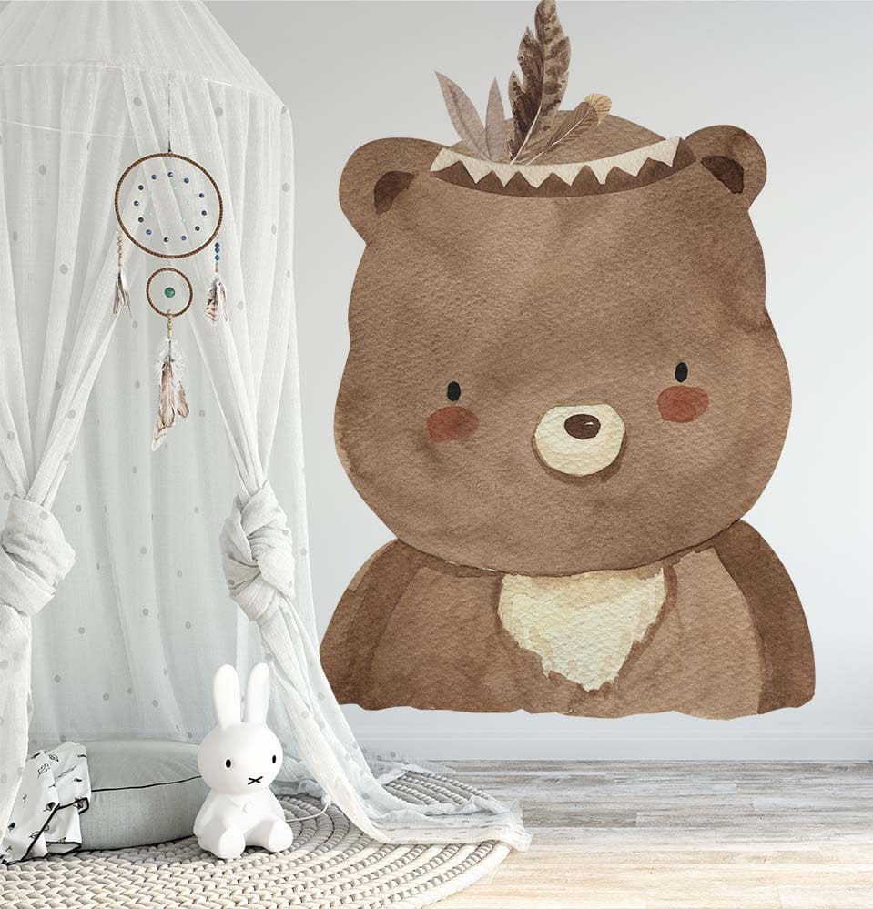 Papier peint panoramique ourson illustré, dans une chambre d'enfant