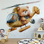 Papier peint panoramique ourson dans les airs illustré, dans une chambre d'enfant