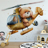 Papier peint panoramique ourson dans les airs illustré, dans une chambre d'enfant