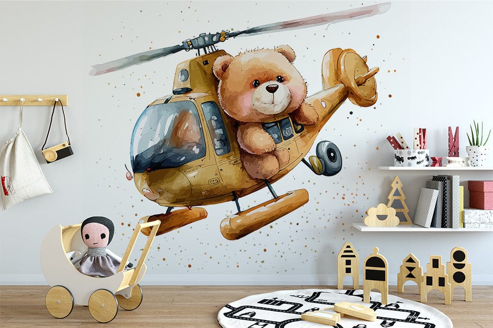Papier peint panoramique ourson dans les airs illustré, dans une chambre d'enfant