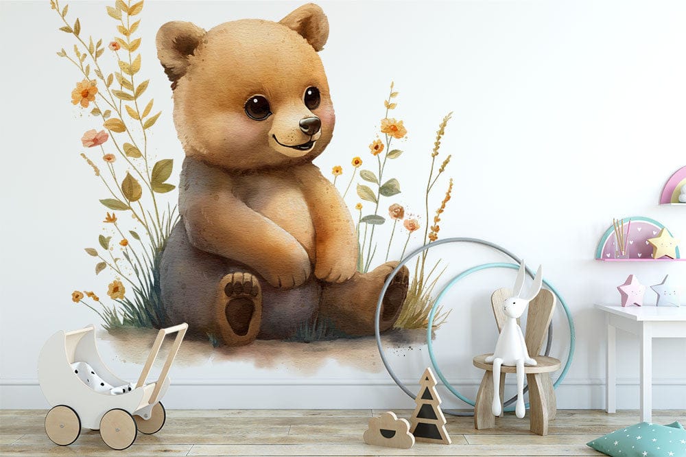 Papier peint panoramique ourson heureux illustré, dans une chambre d'enfant