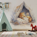 Papier peint panoramique ourson tente illustré, dans une chambre d'enfant