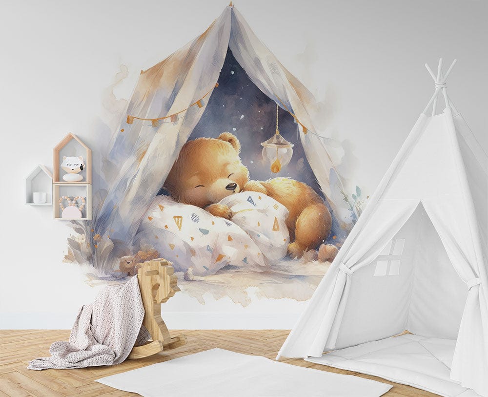 Deuxième vue du papier peint ourson tente dans une chambre d'enfant