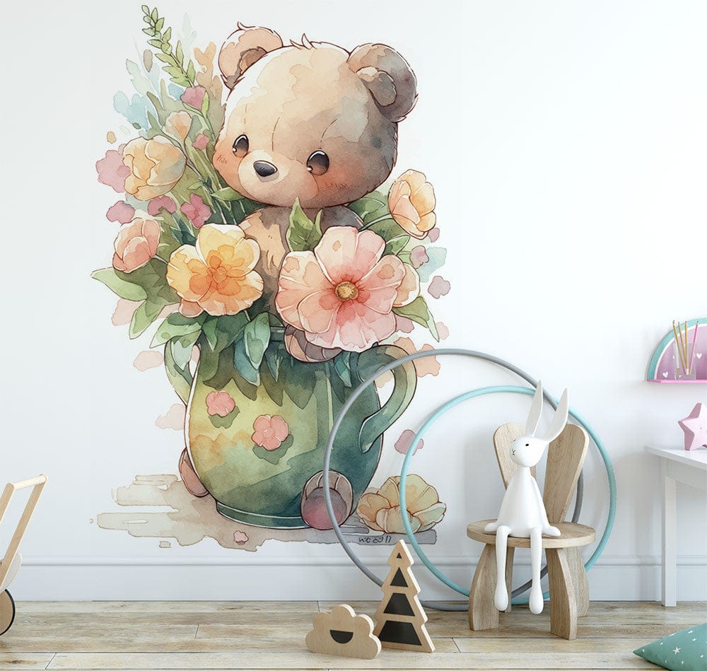 Papier peint panoramique ourson vase fleurs illustré, dans une chambre d'enfant