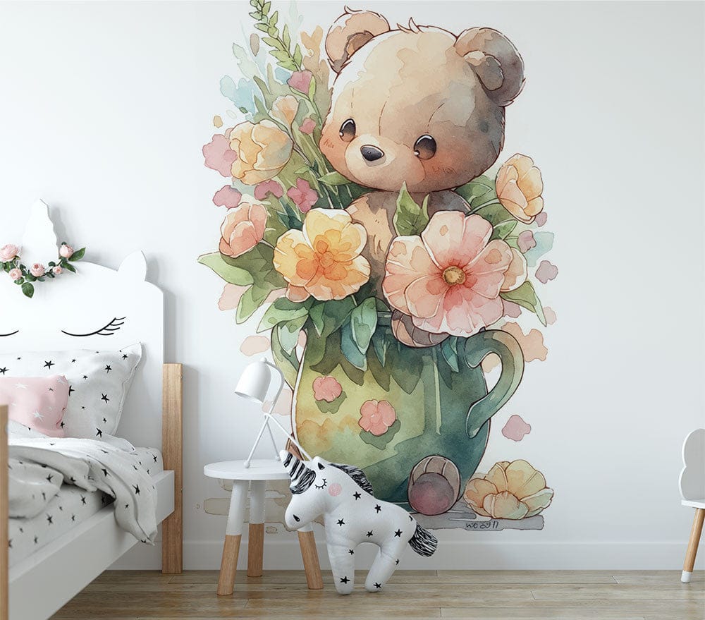 Deuxième vue du papier peint ourson vase fleurs dans une chambre d'enfant