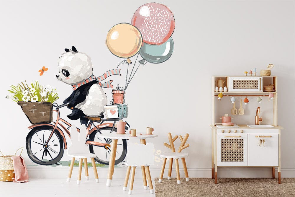 Papier peint panoramique panda ballade à vélo illustré, dans une chambre d'enfant