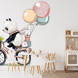 Papier peint panoramique panda ballade à vélo illustré, dans une chambre d'enfant
