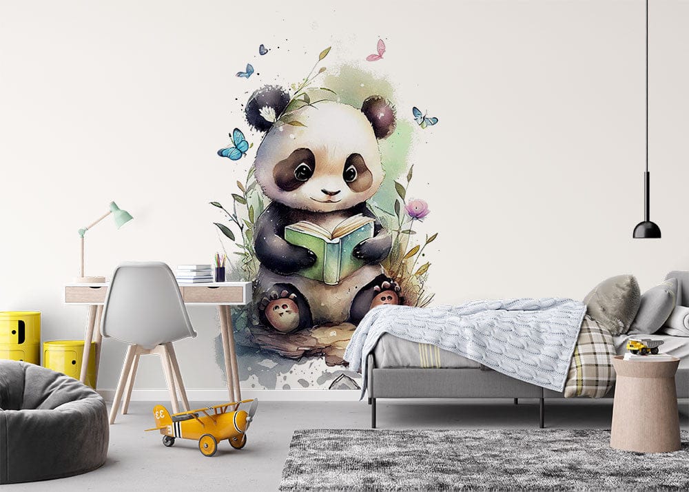 Papier peint panoramique panda illustré, dans une chambre de bébé