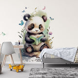 Papier peint panoramique panda illustré, dans une chambre de bébé