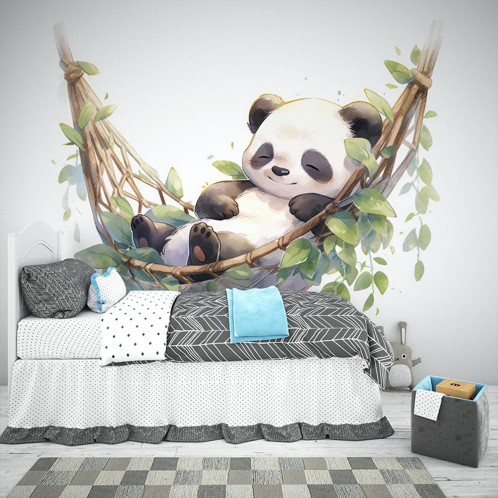 Papier peint panoramique panda illustré, dans une chambre d'enfant