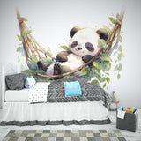 Papier peint panoramique panda illustré, dans une chambre d'enfant