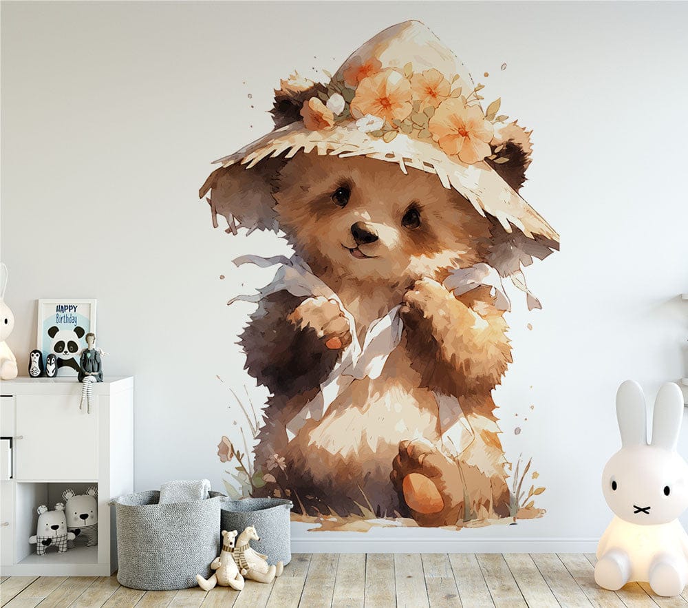 Papier peint panoramique panda chapeau illustré, dans une chambre d'enfant