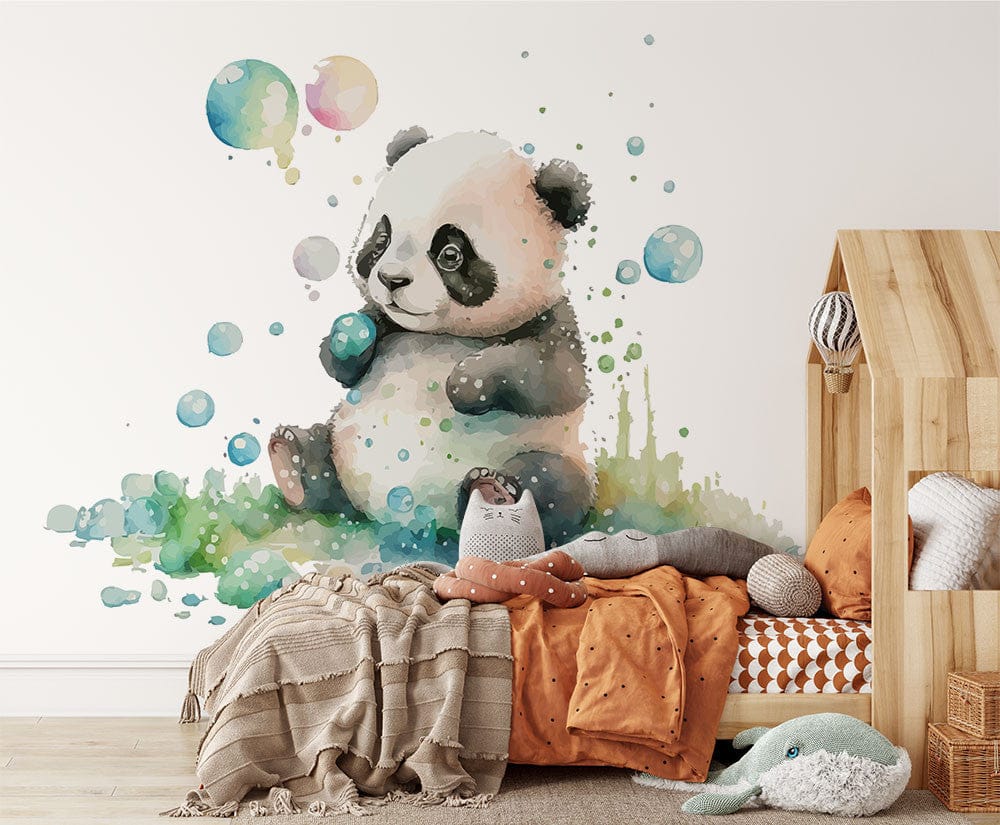 Papier peint panoramique panda mignon illustré, dans une chambre d'enfant