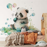 Papier peint panoramique panda mignon illustré, dans une chambre d'enfant