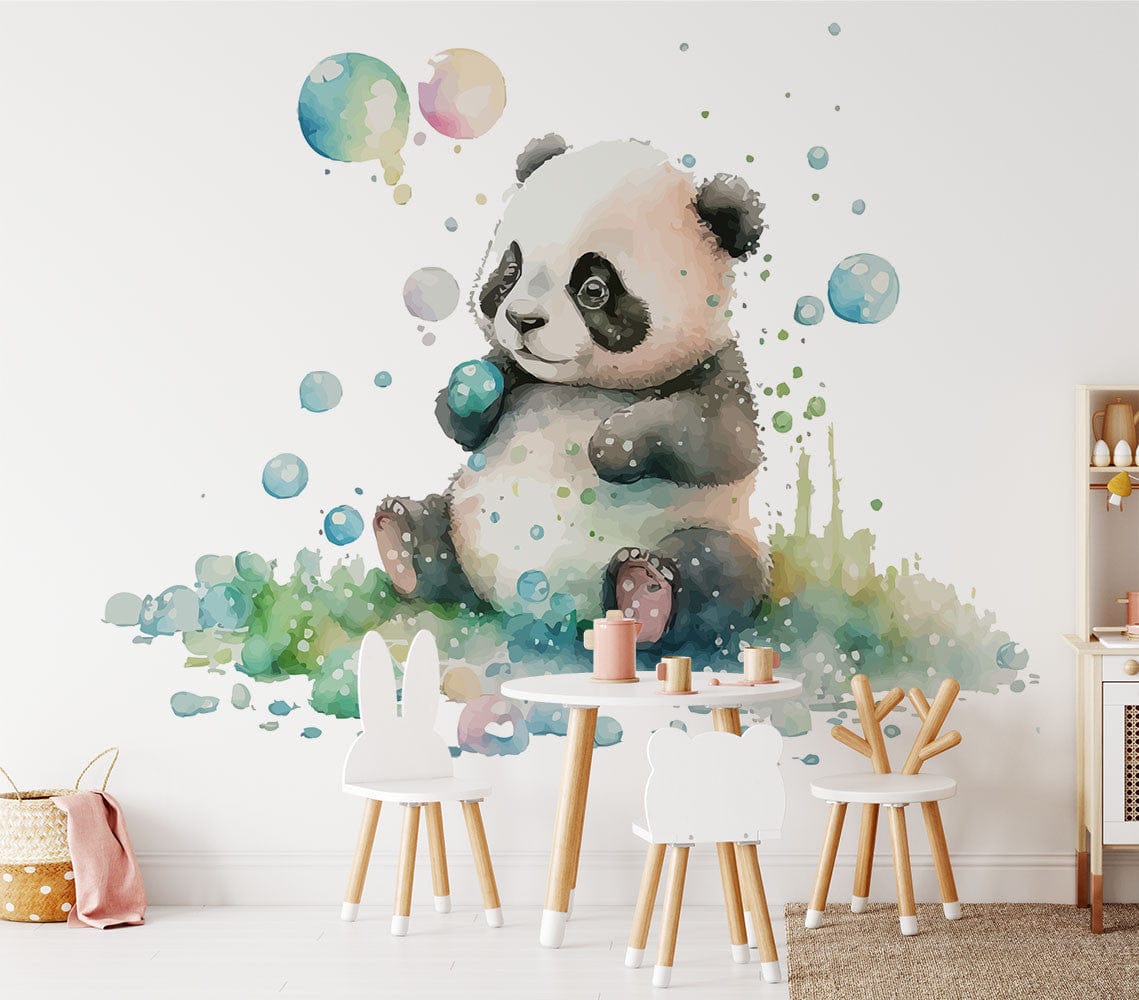 Deuxième vue du papier peint panda mignon dans une chambre d'enfant