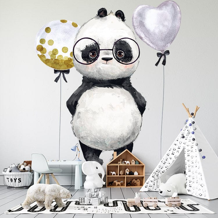 Papier peint panoramique panda mignon coeur illustré, dans une chambre d'enfant