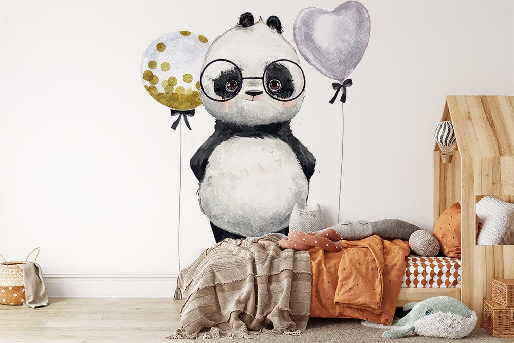Deuxième vue du papier peint panda mignon coeur dans une chambre d'enfant