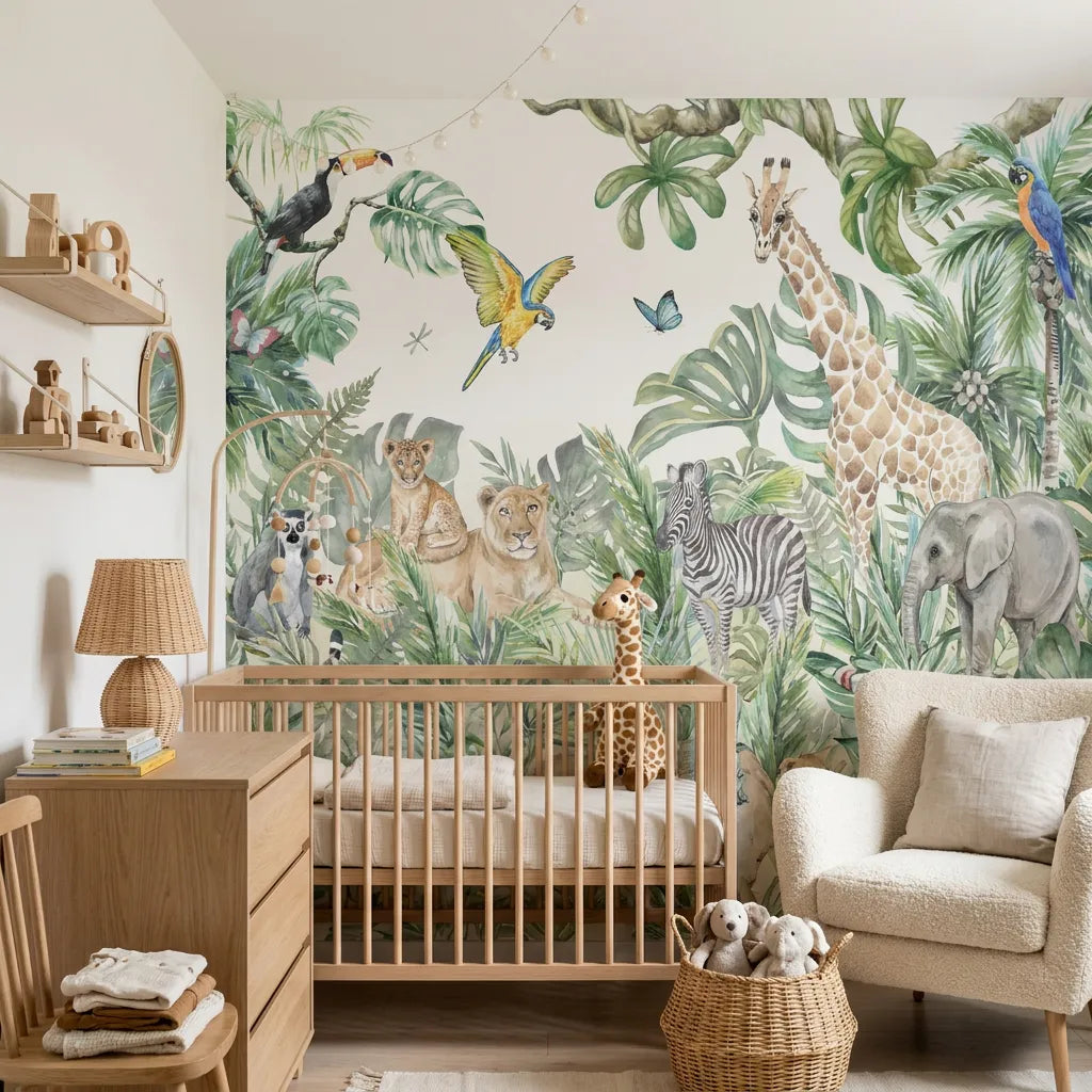 Papier peint panoramique amis canopée illustré, dans une chambre d'enfant