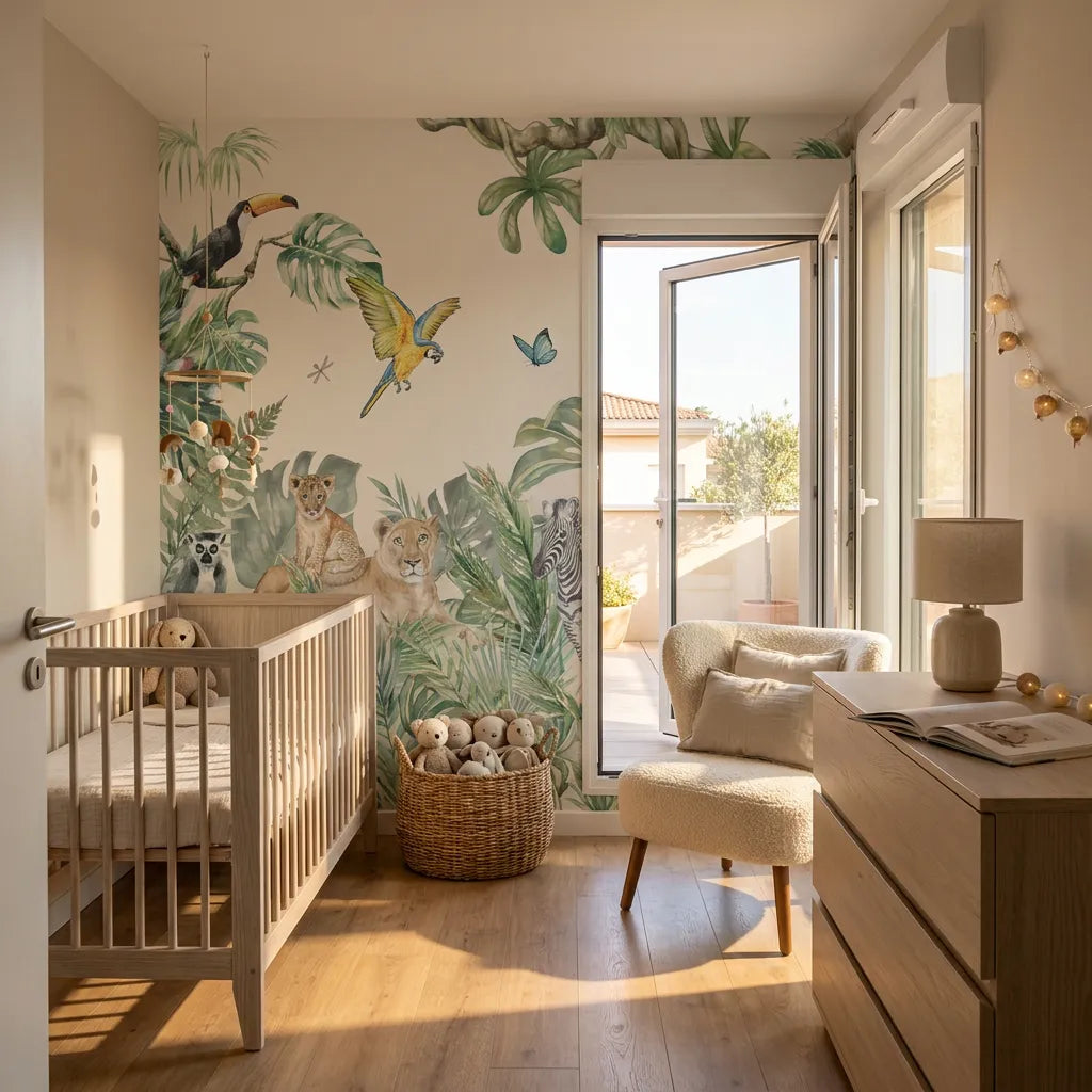 Deuxième vue du papier peint panoramique amis canopée dans une chambre d'enfant