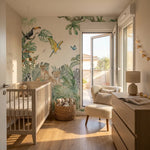 Deuxième vue du papier peint panoramique amis canopée dans une chambre d'enfant