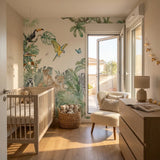 Deuxième vue du papier peint panoramique amis canopée dans une chambre d'enfant