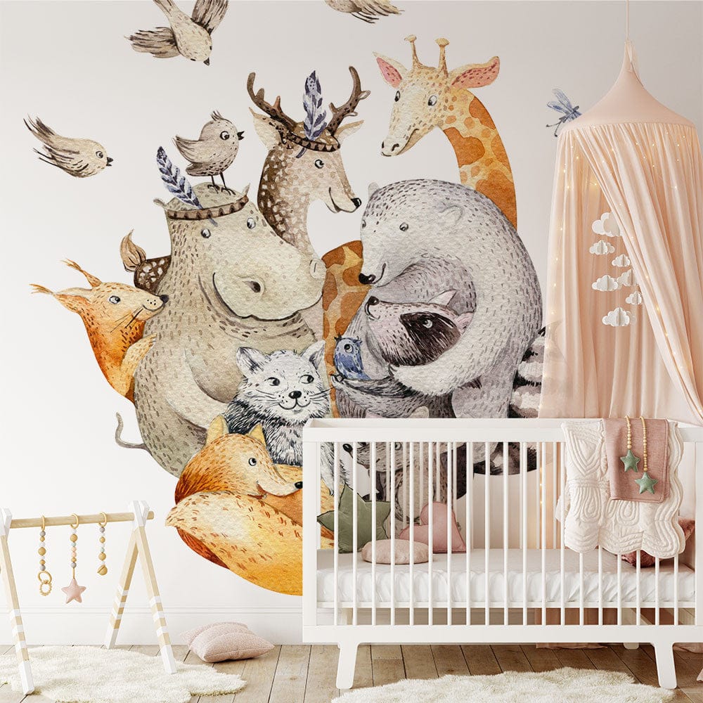 Papier peint panoramique animaux illustré, dans une chambre d'enfant