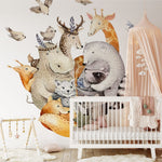 Papier peint panoramique animaux illustré, dans une chambre d'enfant
