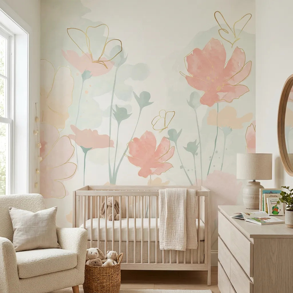 Papier peint panoramique bouquet aquarelle illustré, dans une chambre d'enfant