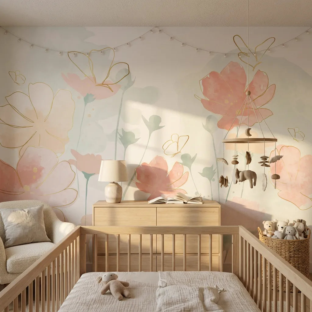 Deuxième vue du papier peint panoramique bouquet aquarelle dans une chambre d'enfant